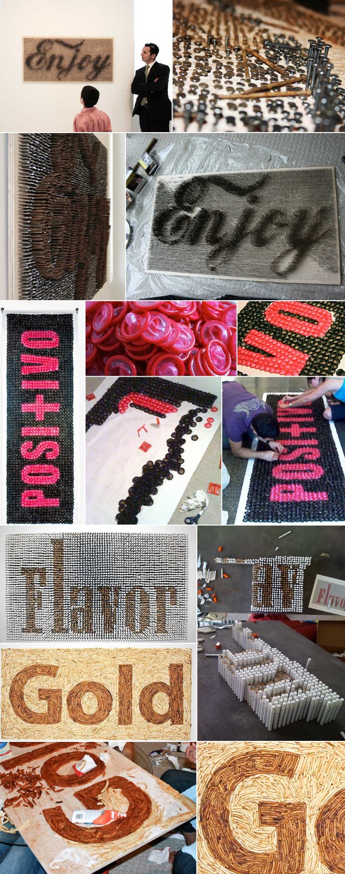 Typography, Art made from cigarettes, fries, nails