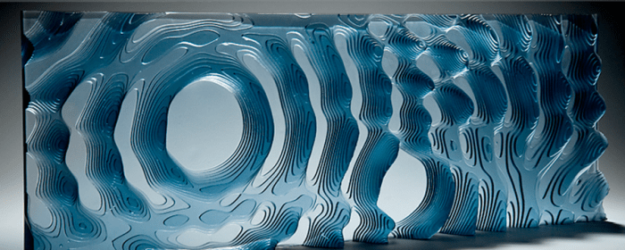 Kane-Cali-RippleLandscape-collabcubed glass sculpture, rippled layered glass, malta design week