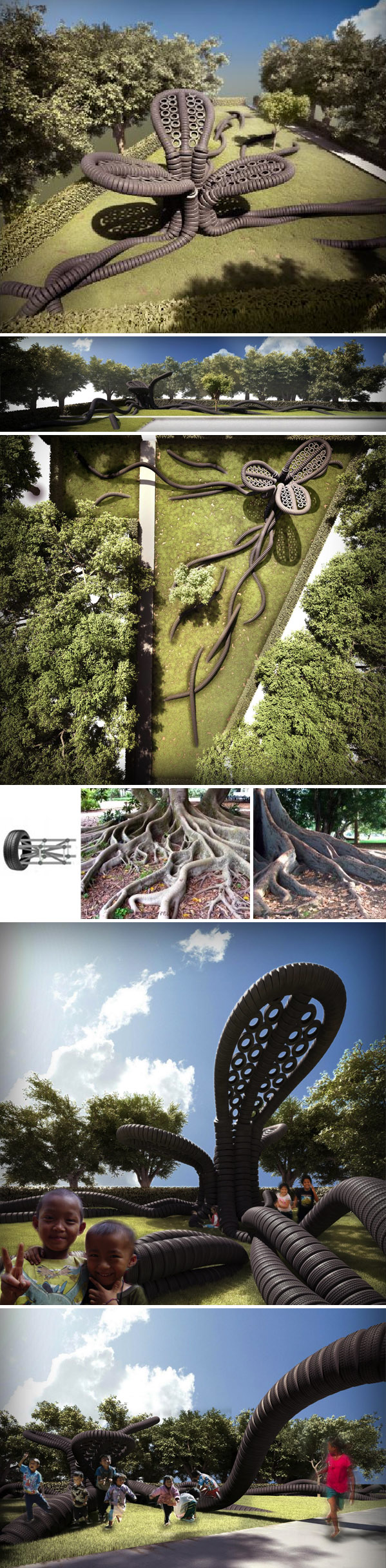 Tire Installation, playground, Thailand, Tree sculpture, refugees