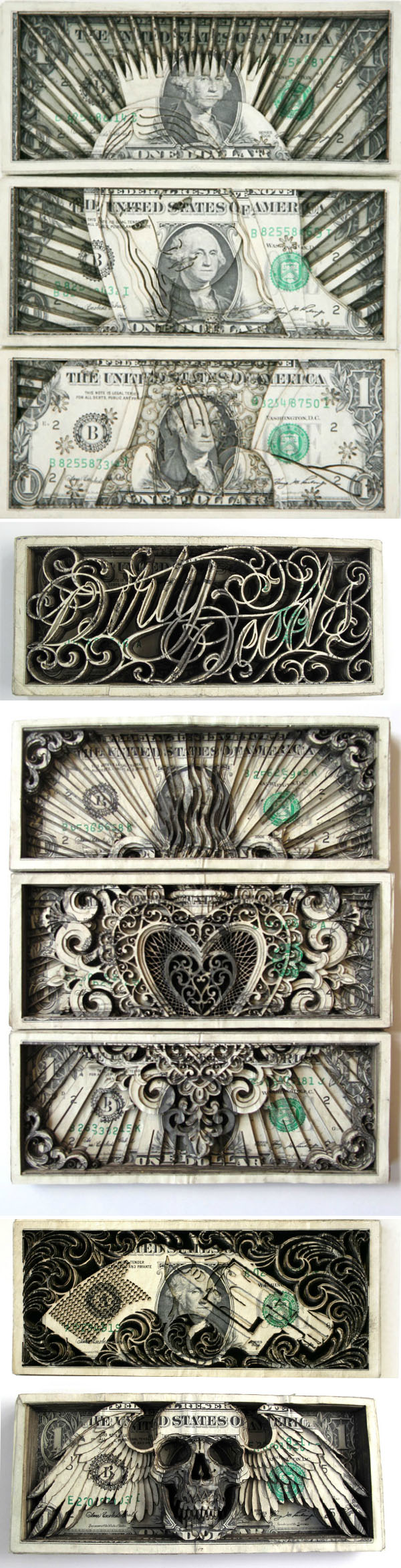 Currency art, tattoo art, skulls, dollars