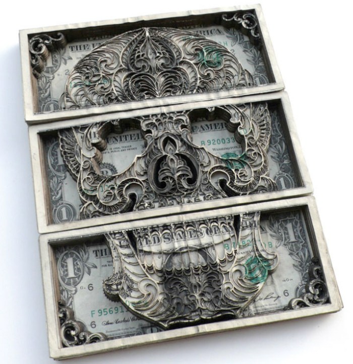 Currency art, tattoo art, skulls, dollars
