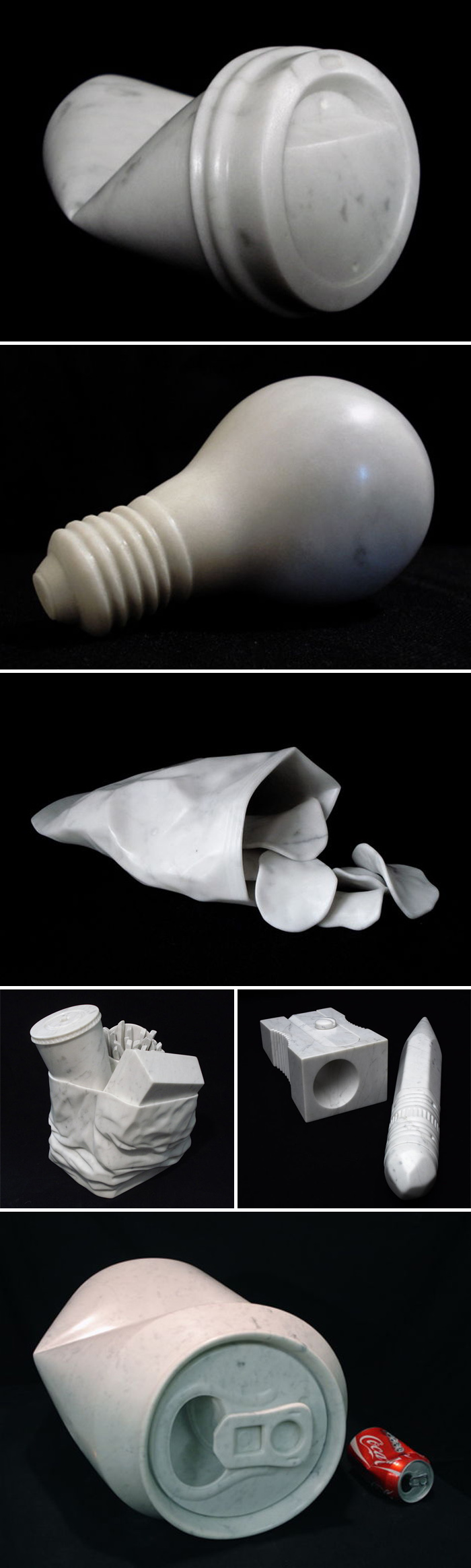 carrara marble, contemporary sculpture, crushed cans, everday objects