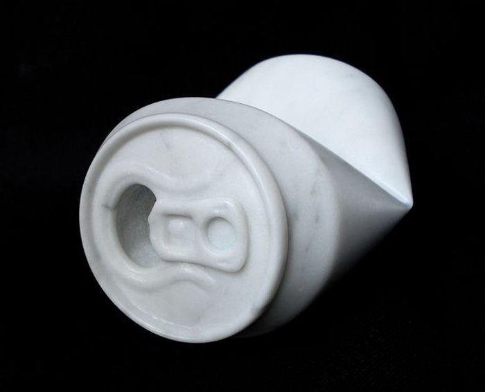 carrara marble, contemporary sculpture, crushed cans, everday objects