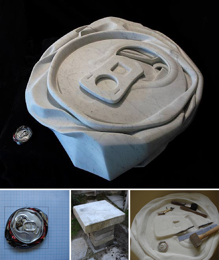 carrara marble, contemporary sculpture, crushed cans, everday objects