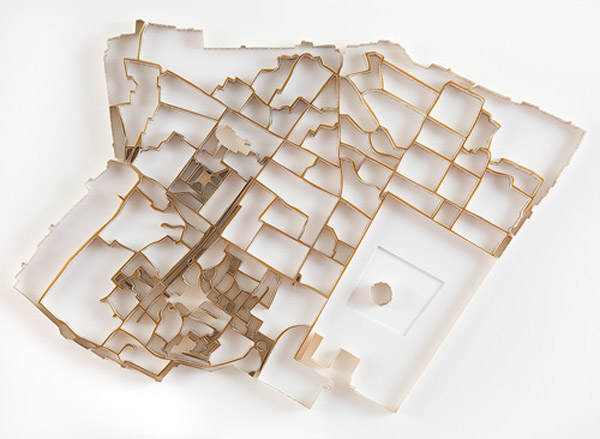 Map sculptures, maps made from text pages, contemporary art