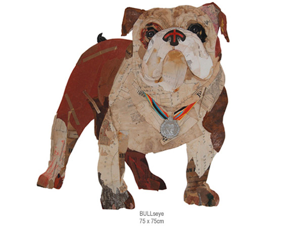 mixed media collage, found vintage paper collage, dog art