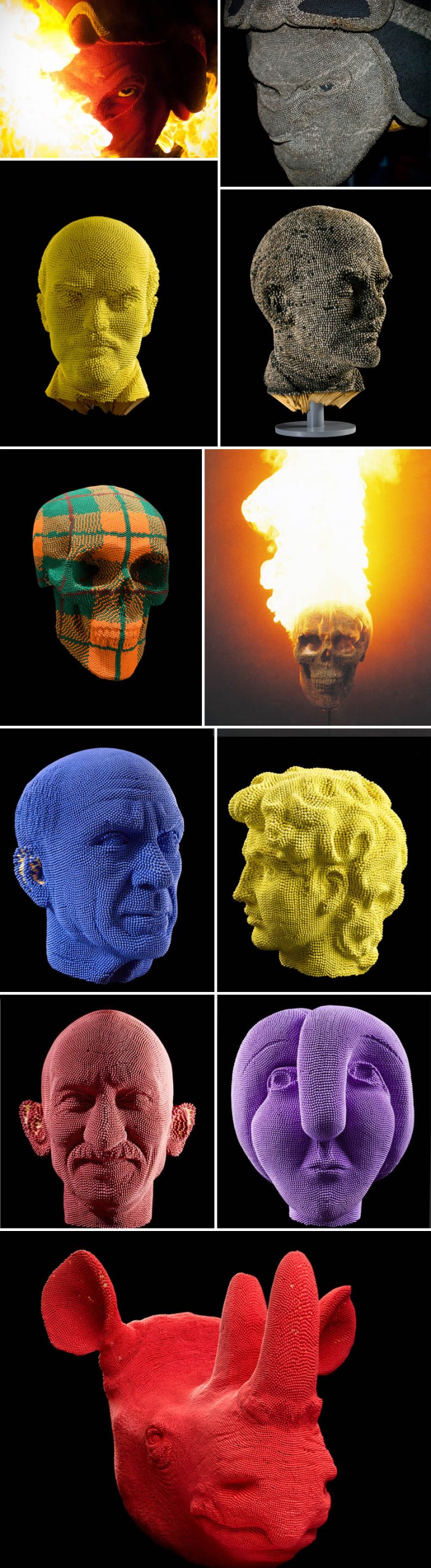 sculptures made of matches, sculptures that are lit and burned, heads made up of matches