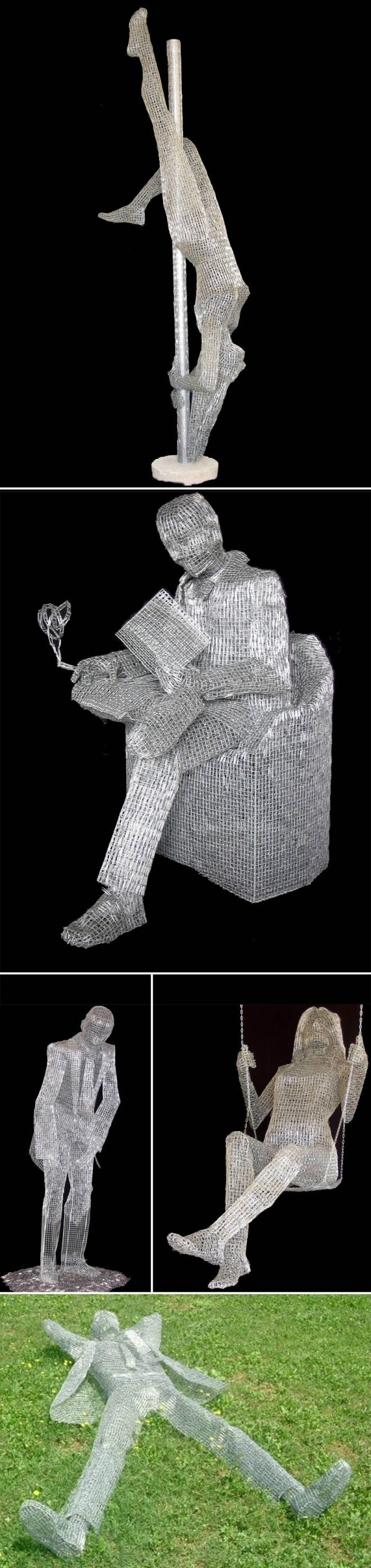 Wire sculpture, paperclip sculpture, pole dancer, suited man, swing, Italian art