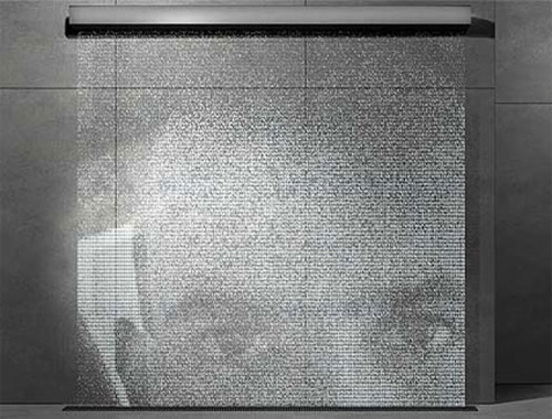 Bit.Fall, technology and art, code, waterfall with type and images, contemporary art