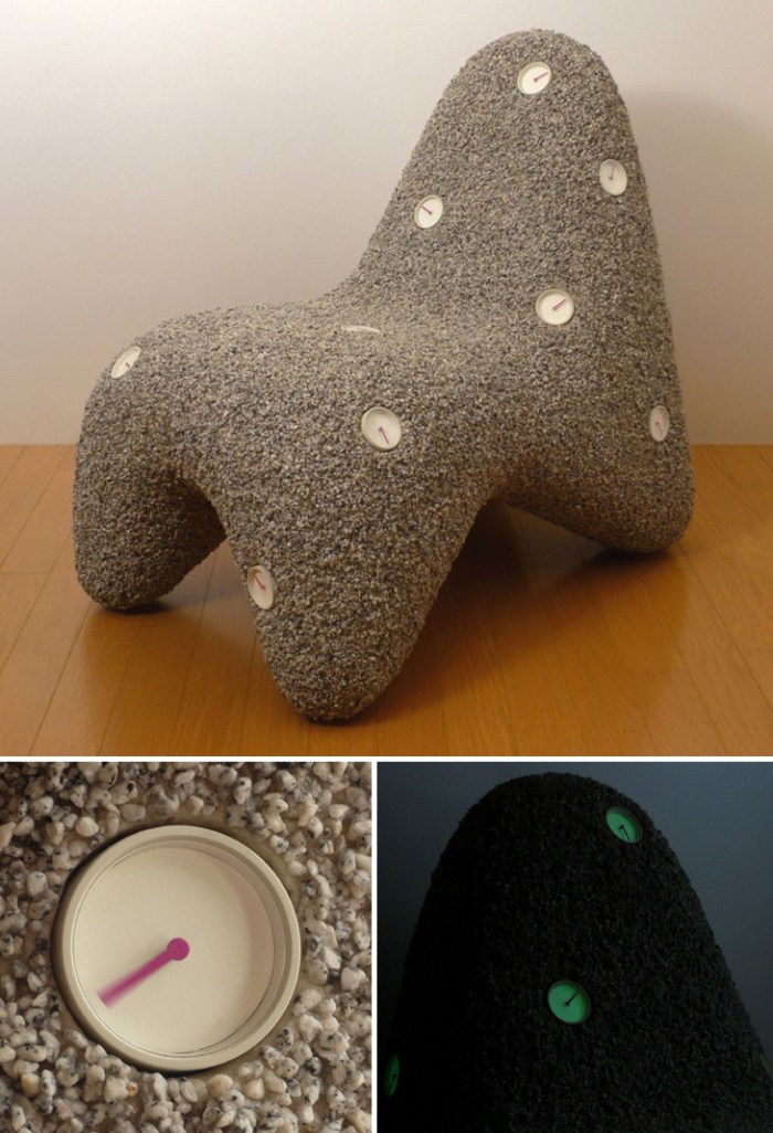 Contemporary stone chair, embedded clocks, contemporary furniture, japanese design