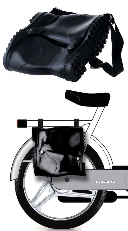 Rubber boot shoulder bag by Marco Scuderi, fun design, messenger bag, bike bag