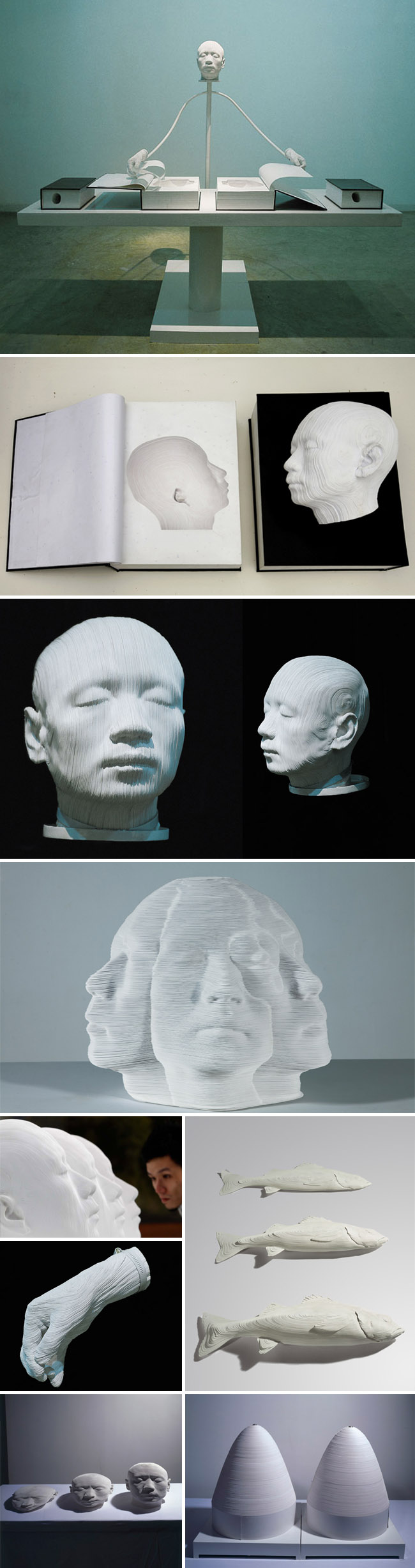 Amazing paper sculpture of heads, topographic, Chinese contemporary art, rotated head
