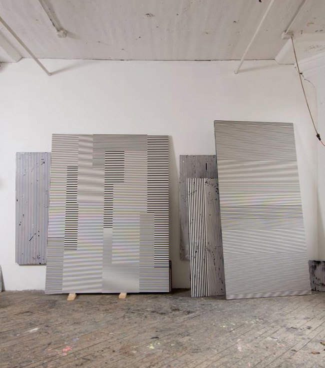 Optical Paintings, black and white line paintings, enamel on aluminum, geometric abstraction paintings