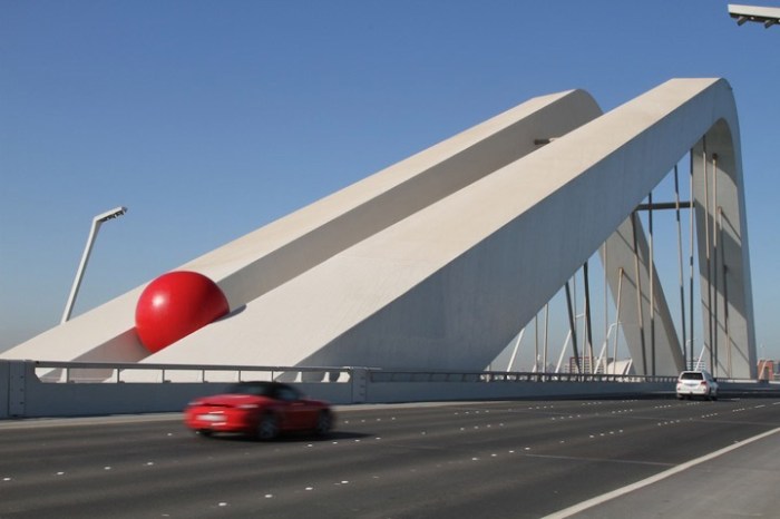RB on Zaha Hadid bridge for RedBall Abu Dhabi. Interactive art, Large Red ball placed in different cities around the world, Fun art installation