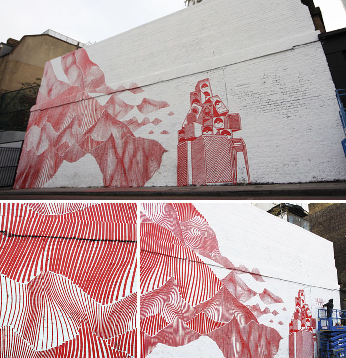 Australian street artist, Buff Diss, taped graffiti, red stripe mural, london