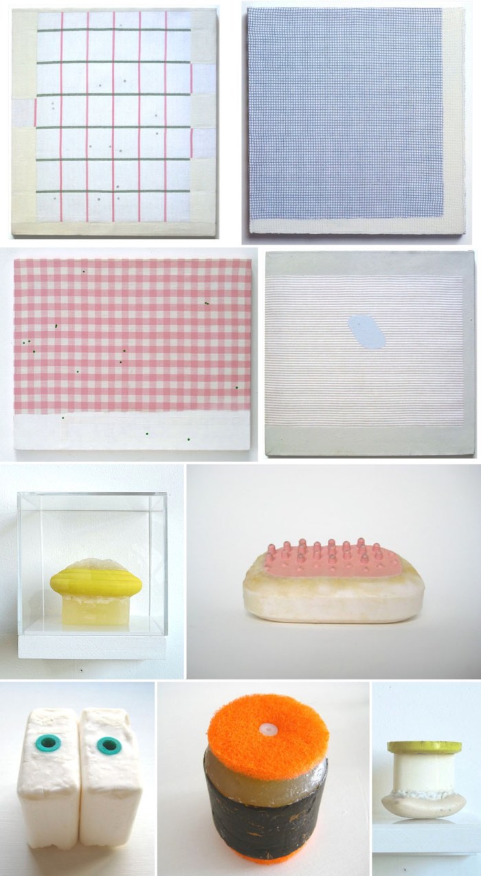 Contemporary collages, sculptures, paintings using domestic cleaning materials.