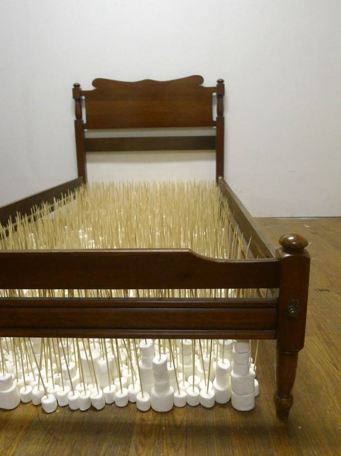 contemporary art, installation, bed frame, marshmallows, humor, confusion, collabcubed