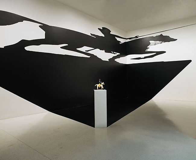 Shadow illusion installation, contemporary Brazilian art, cut vinyl, perspective