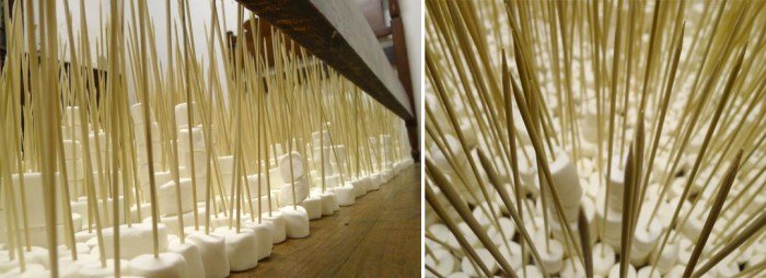 Under-the-Bed_Lauren-Smith_collabcubed contemporary art, installation, bed frame, marshmallows, humor, confusion, collabcubed