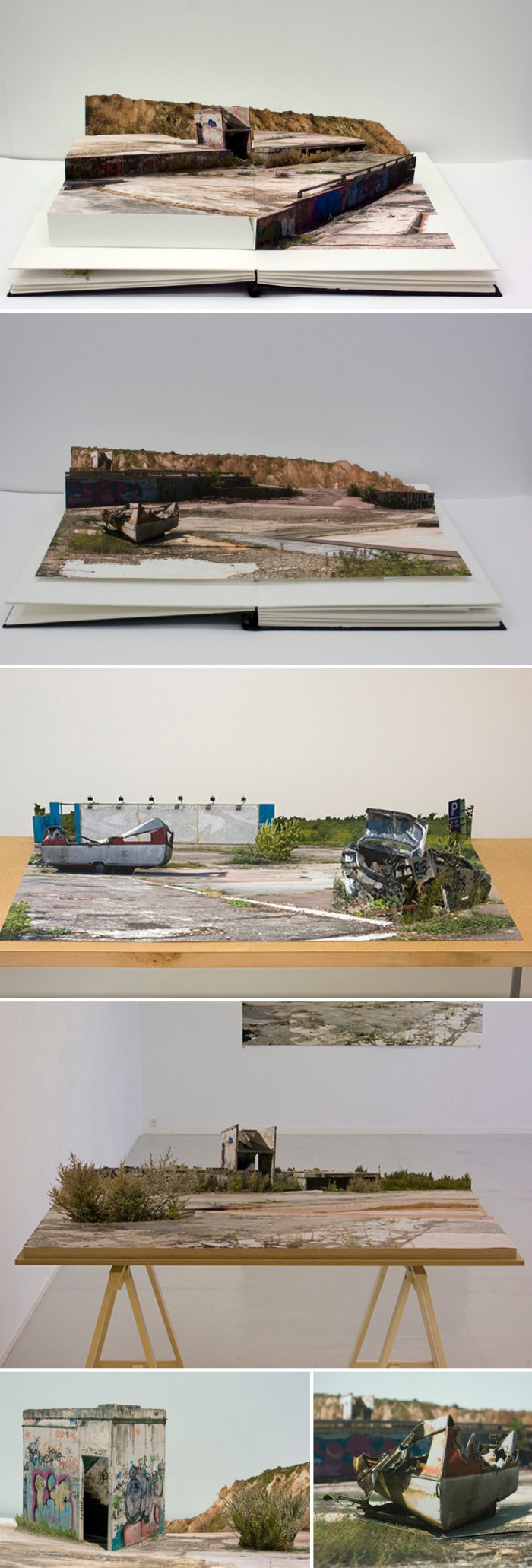 Pop-Up Books, Photo collage, desolate landscapes, skateboard industrial landscapes, VoltaNY