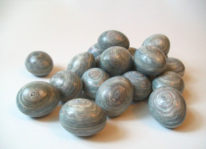 paper sculpture, eggs made from magazines, recycled art, installations, julie dodd