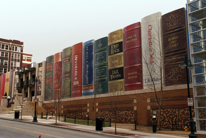 kansascitylibrarymissouri_LibraryGarage_cdfm2Architecture_collabcubed Books as architecture, book spines, clever library design, clever parking garage design, cdfm2 architects, 360 architects