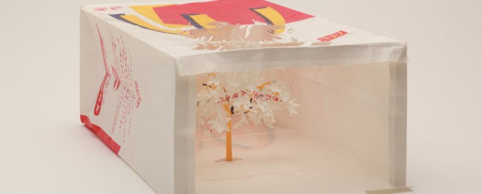 Paper cutout trees, repurposed paper bags. Contemporary Japanese art, collabcubed