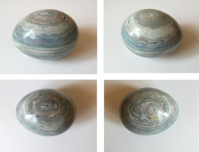 paper sculpture, eggs made from magazines, recycled art, installations, julie dodd