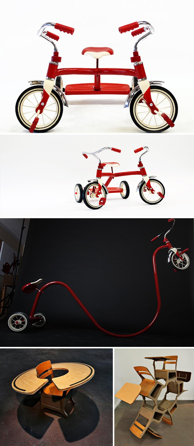 fun sculptures of tricycles, distorted tricycles, and desks, fun art, collabcubed