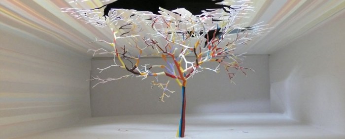 Paper cutout trees, repurposed paper bags. Contemporary Japanese art, collabcubed