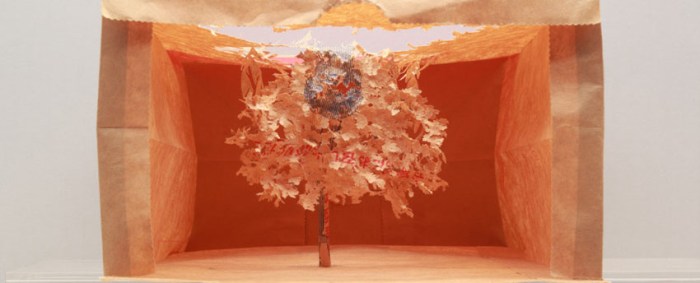 Paper cutout trees, repurposed paper bags. Contemporary Japanese art, collabcubed