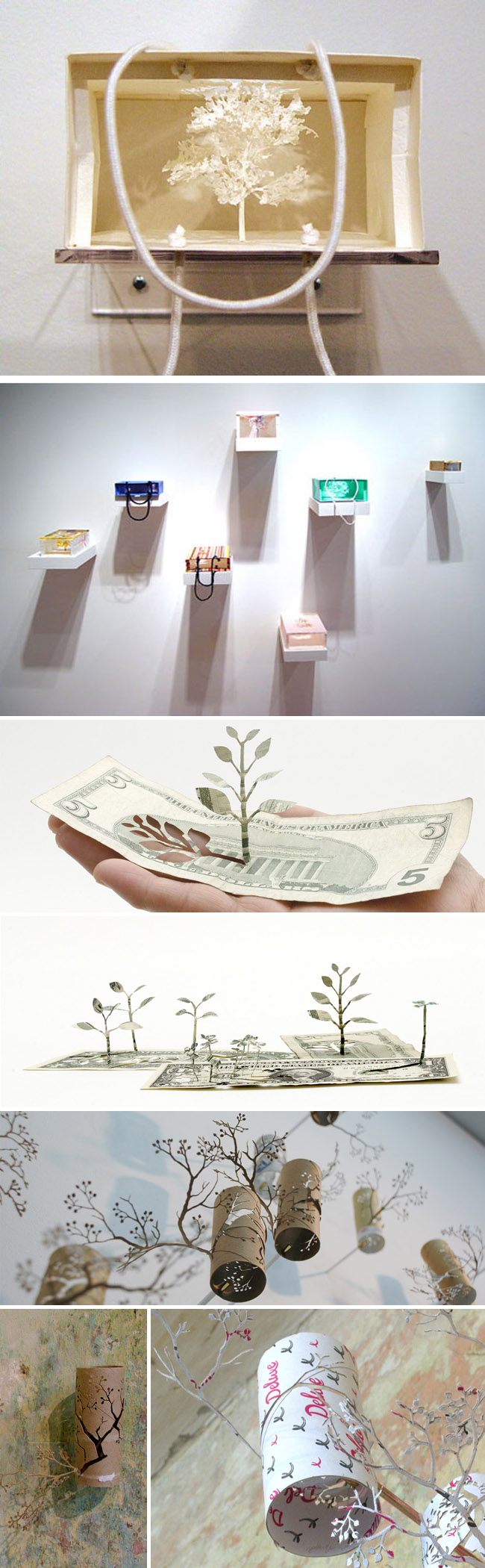 Paper cutout trees, repurposed paper bags. Contemporary Japanese art, money art, toilet paper roll art