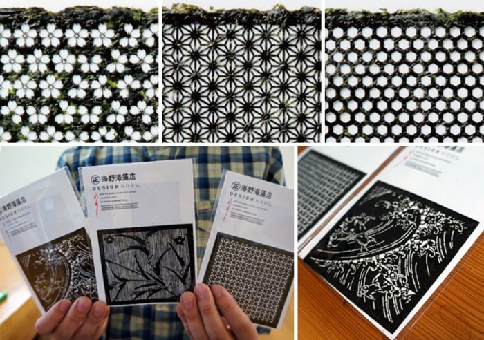 design nori, patterned nori, lasercut, pretty sushi rolls, designy sushi, katagami style