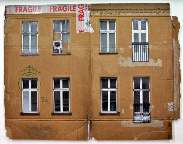 Cardboard paintings of buildings in Berlin, spray paint stenciled on cardboard, Evol, Repeat Offender exhibit at Jonathan Levine Gallery