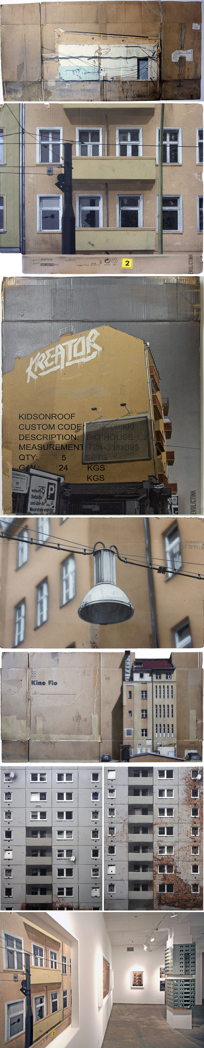 Cardboard paintings of buildings in Berlin, spray paint stenciled on cardboard, Evol, Repeat Offender exhibit at Jonathan Levine Gallery