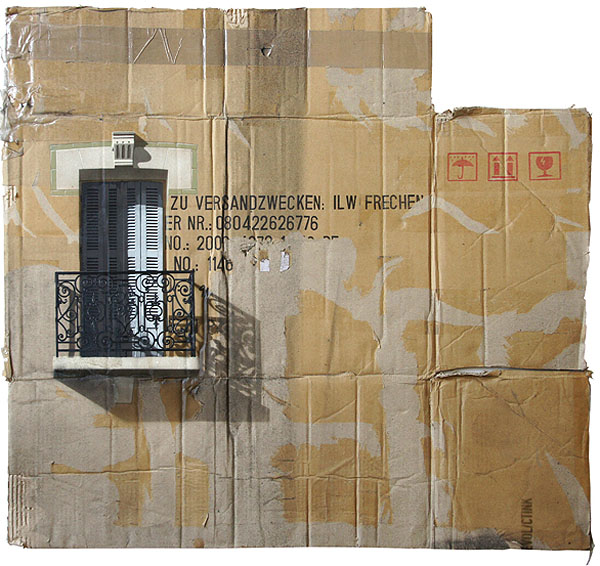 Cardboard paintings of buildings in Berlin, spray paint on cardboard, EVOL, Repeat Offender exhibit at Jonathan Levine Gallery