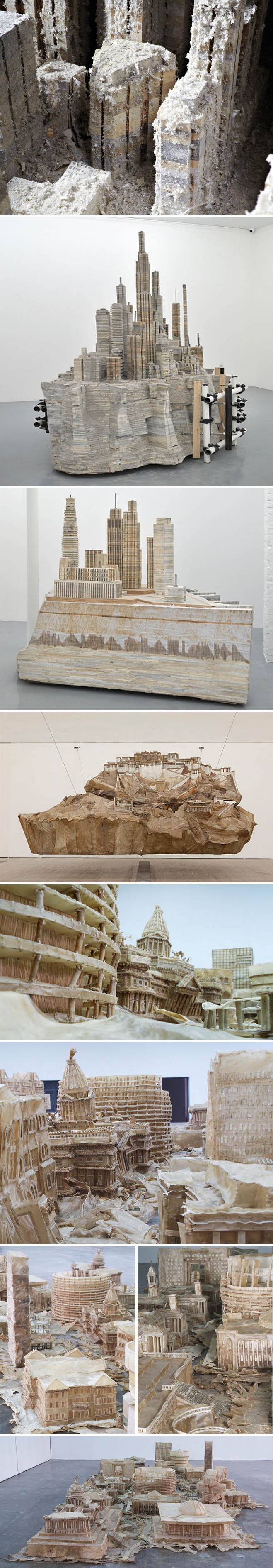 sculptures of cities made from books, steel and wood, dog chews, Foreign, Almine Rech Gallery, Liu Wei