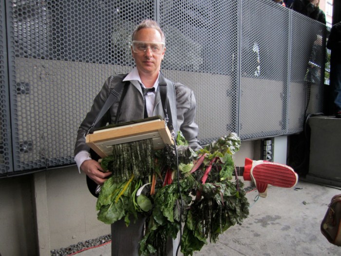 Make a Salad fluxus event on the High Line, NYC, Alison Knowles, Nori shredder, Guitar with Lettuce, collabcubed