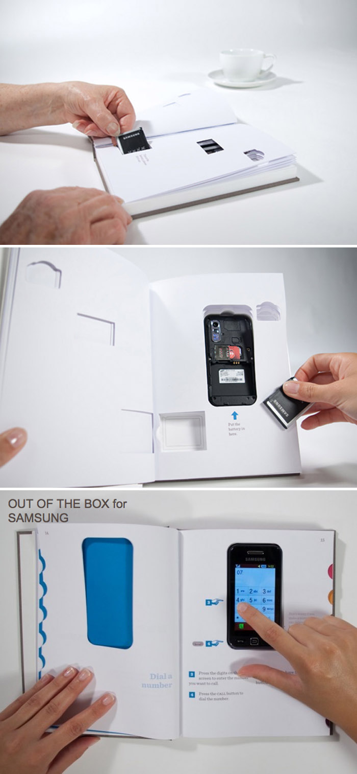 Out-of-the-Box_Samsung_Vitamins_InteractionAward_collabcubed Interaction design, Cell phone manual made simple, Clever design, User-friendly, Vitamins Studio