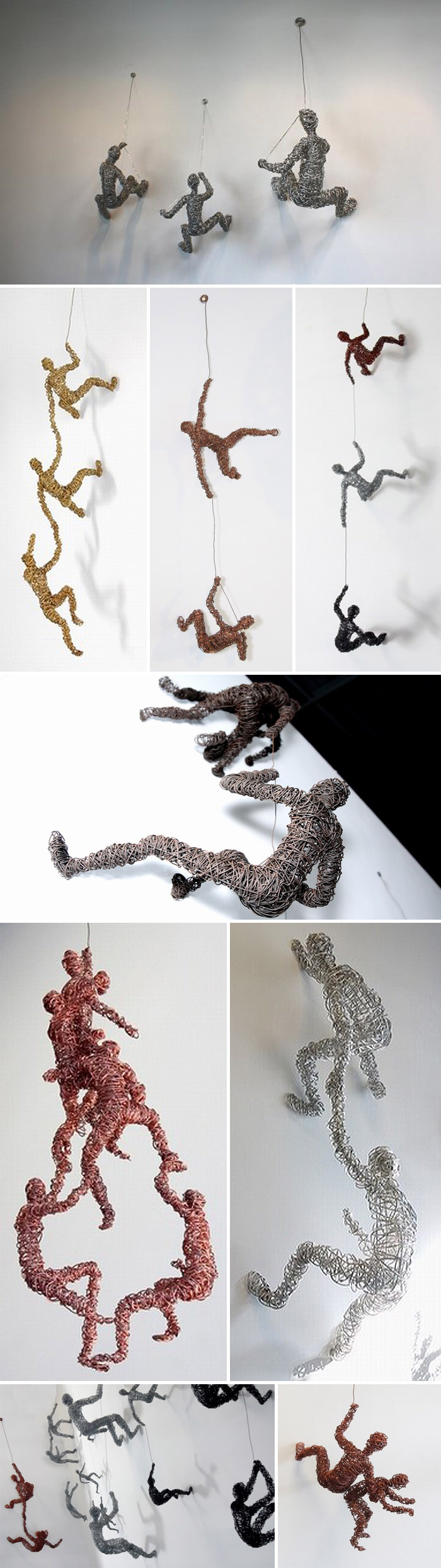 Contemporary wire sculpture, Chris Mason, social climbing and rewired, hanging sculptures made of wire