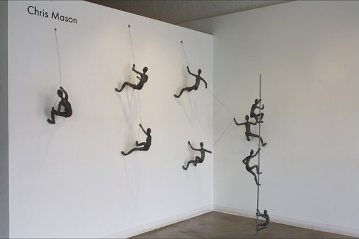 Contemporary wire sculpture, Chris Mason, social climbing and rewired, hanging sculptures made of wire