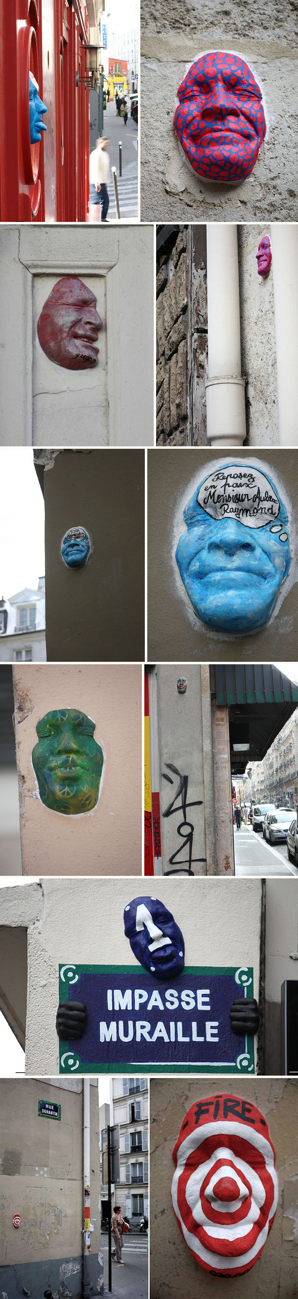 Street art in Paris, painted plaster self-portrait masks, Gregos, graffiti, collabcubed