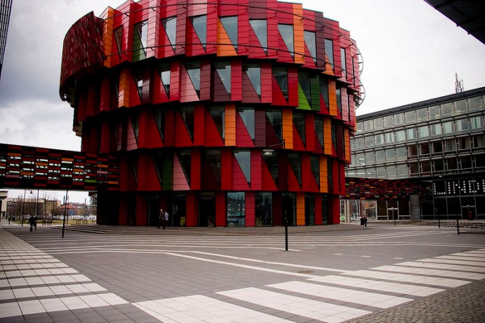 Swedish contemporary architecture, colorful office building. The Cog, Kuggen, Cool building design