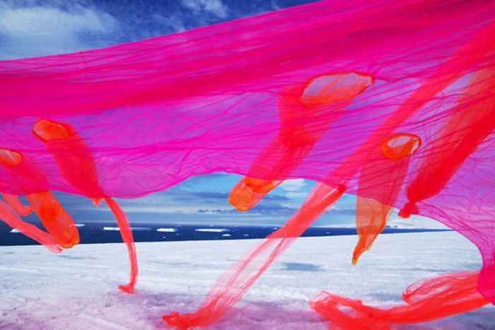 neon mesh fabric on antarctic landscape, Andrea Juan, Contemporary Photography, Argentinean art, Climate Change Concerns