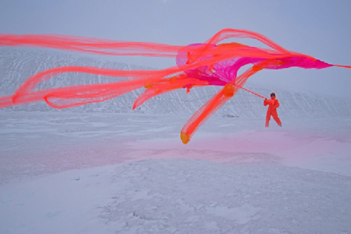 neon mesh fabric on antarctic landscape, Andrea Juan, Contemporary Photography, Argentinean art, Climate Change Concerns
