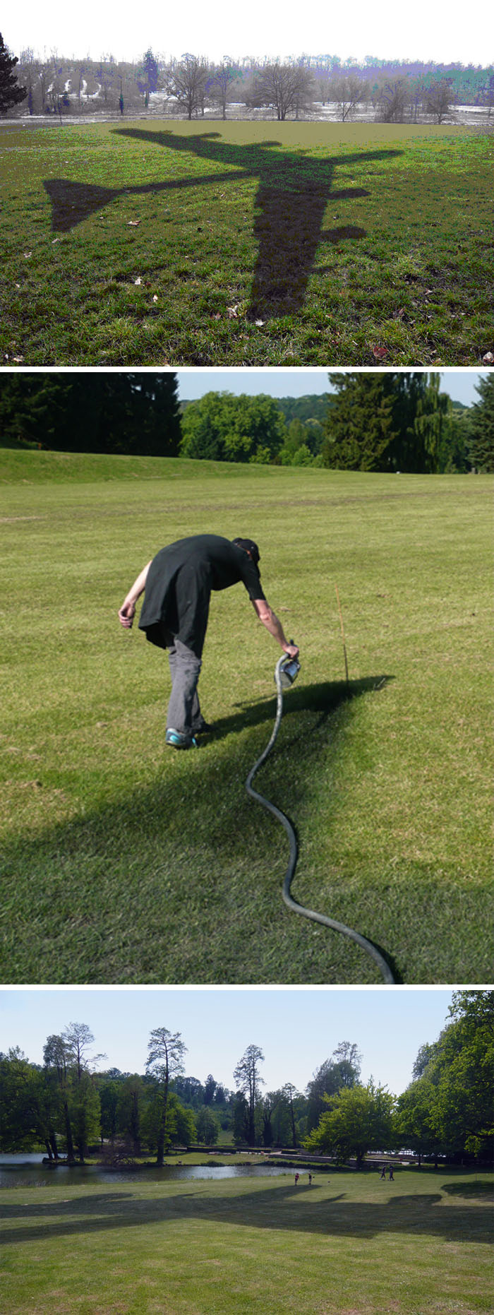 Shadow of a plane painted onto grass, cool installation by Brigitte Zieger, France, collabcubed