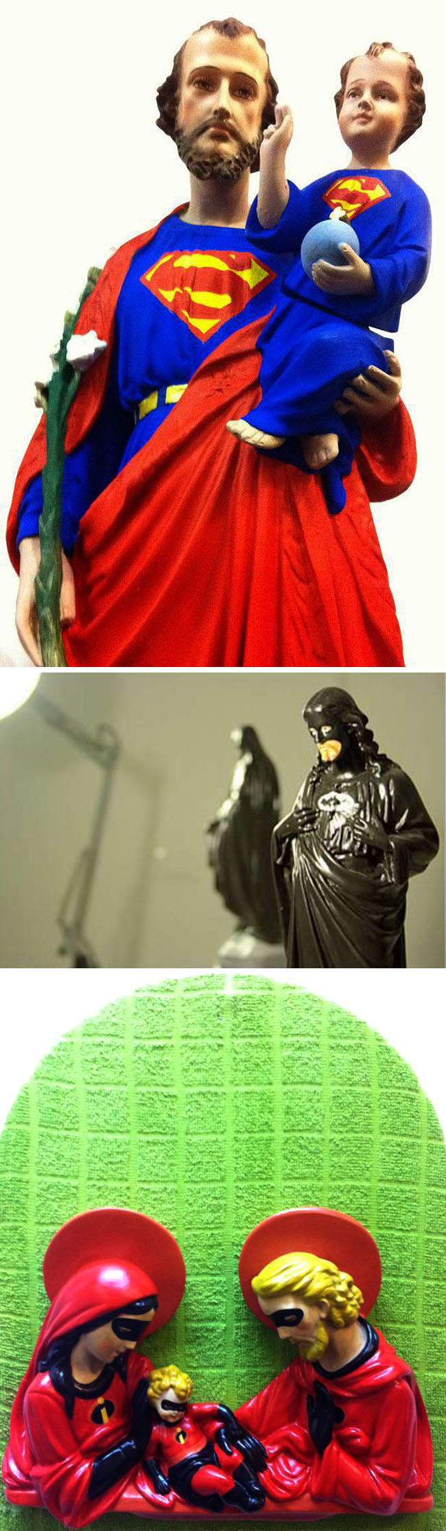 Hagiographies, Batman and Robin, Superman, and the Incredibles as Saints, Igor Scalisi Palminteri, contemporary Italian art, Superhero art