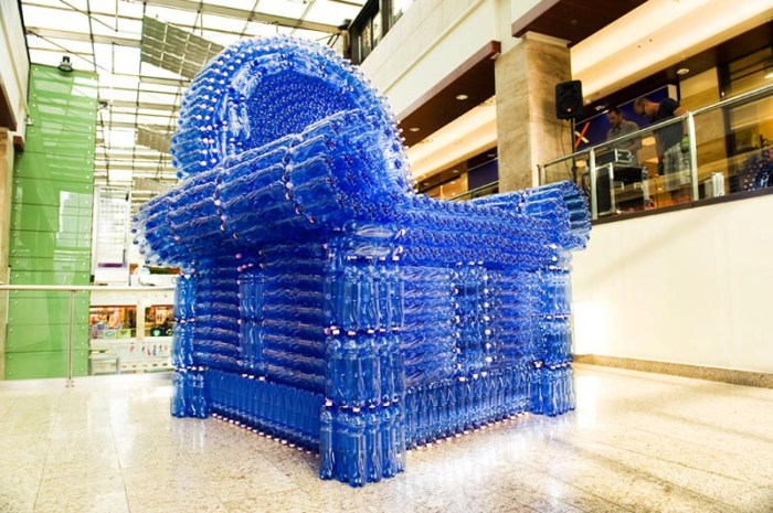 Giant chair made with PET water bottles, Budapest, Gyula Varnai, Hungarian contemporary art and design