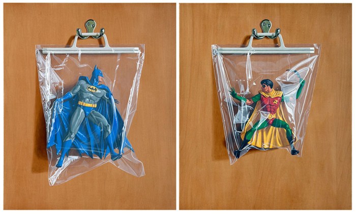 Simon Monk, paintings of superheroes in plastic bags, Oh Plastik Sack exhibit,