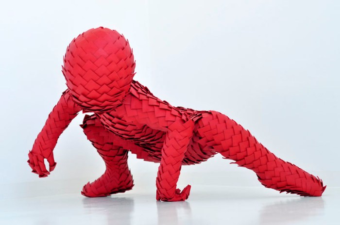 Sculptures with childlike characteristics yet animal-looking, made with leather, synthetic materials andtoothpicks
